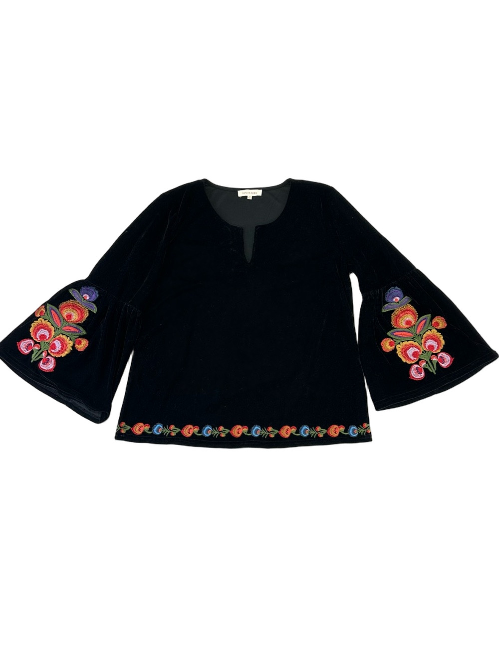 Solitaire Black Velvet Embroidered Boho Bell Sleeve Top M Boho Whimsigoth Folk - Picture 2 of 10